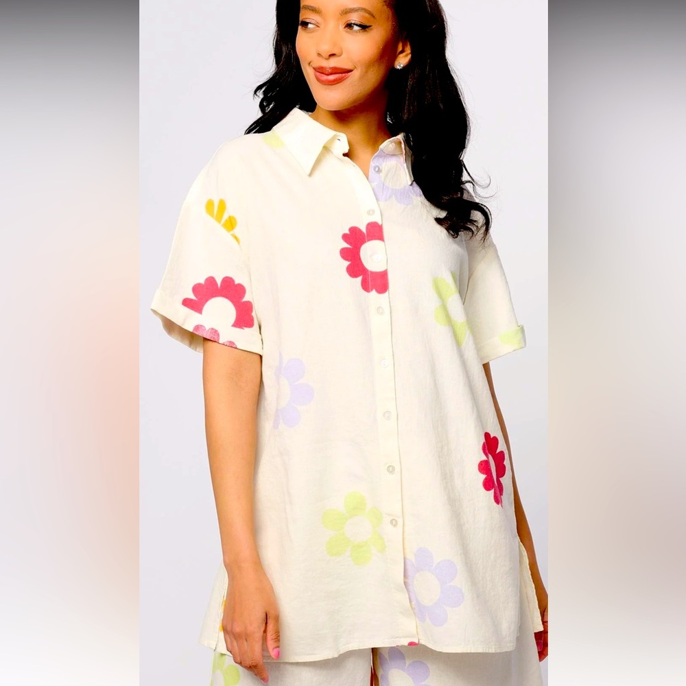 Peace Love World Cream Oversized Boxy Button Down
